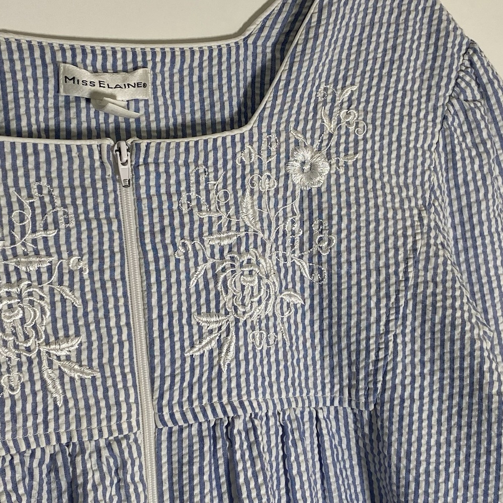 Miss‎ Elaine Housecoat Womens Large Blue White Striped Embroidered Seersucker L - Picture 8 of 16